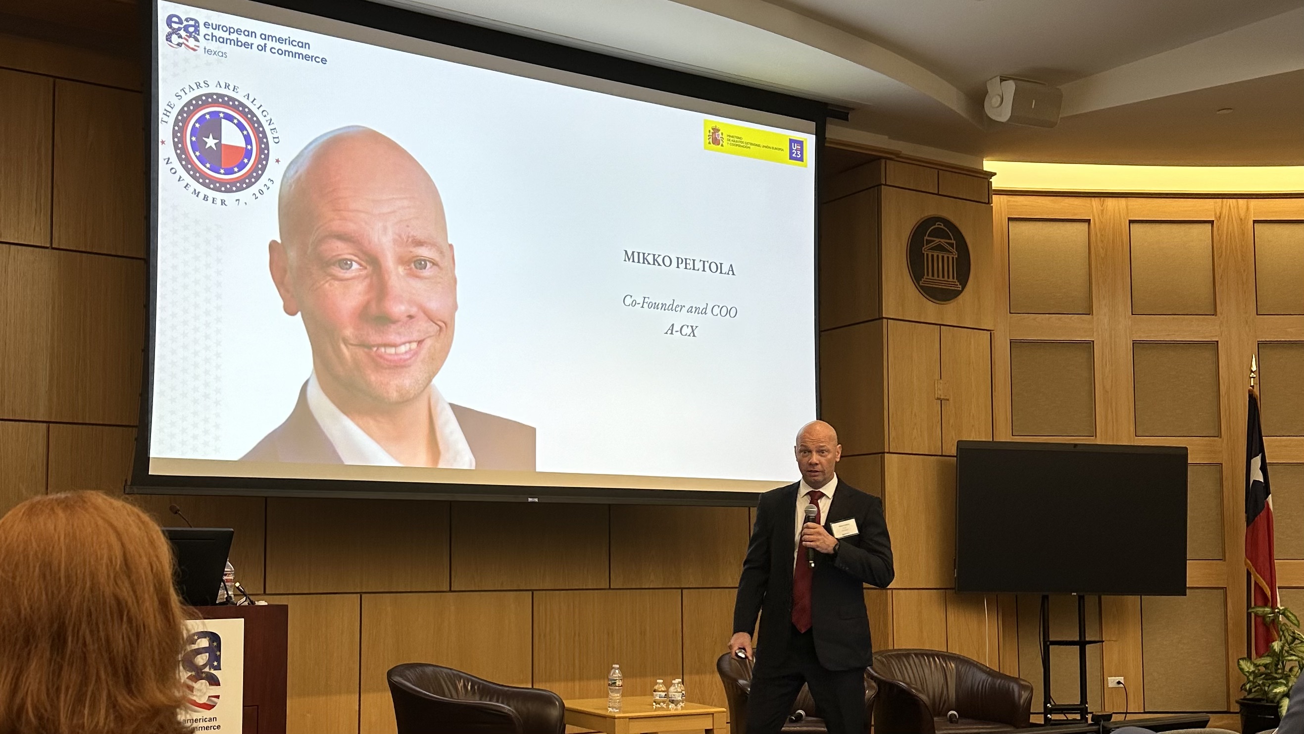 Mikko Peltola speaking at the EACC Texas EU-Texas Forum